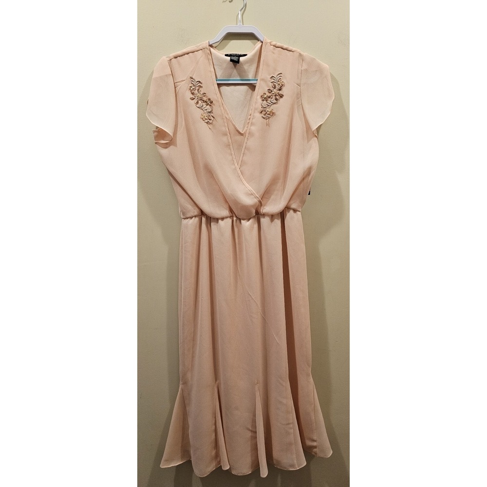 Perceptions New York Midi Dress Womens 12 Peach Embroidered V-Neck Chiffon 51091